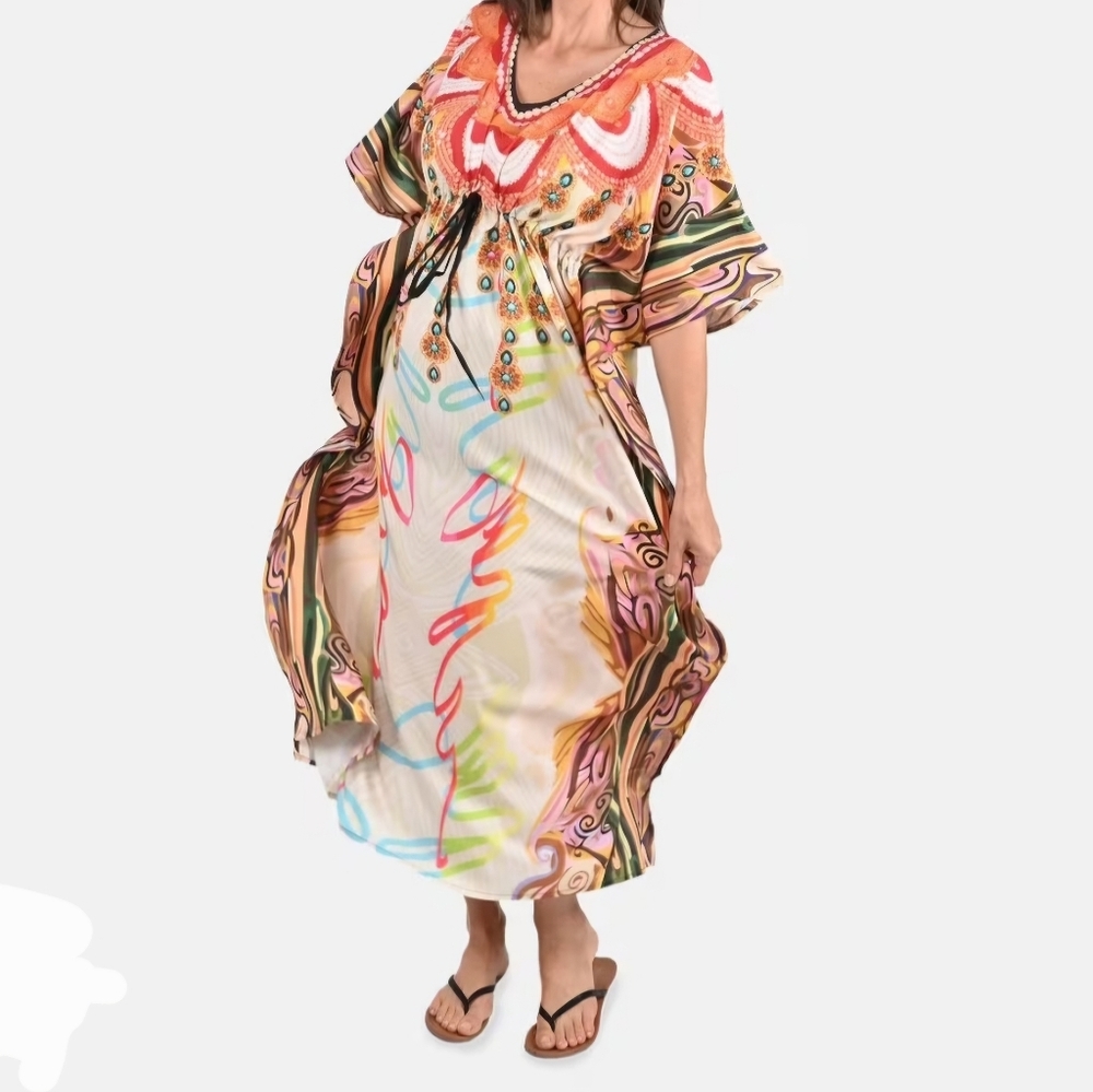 Tamsy Bohemian Kaftan One Size Drawstring Dress OS